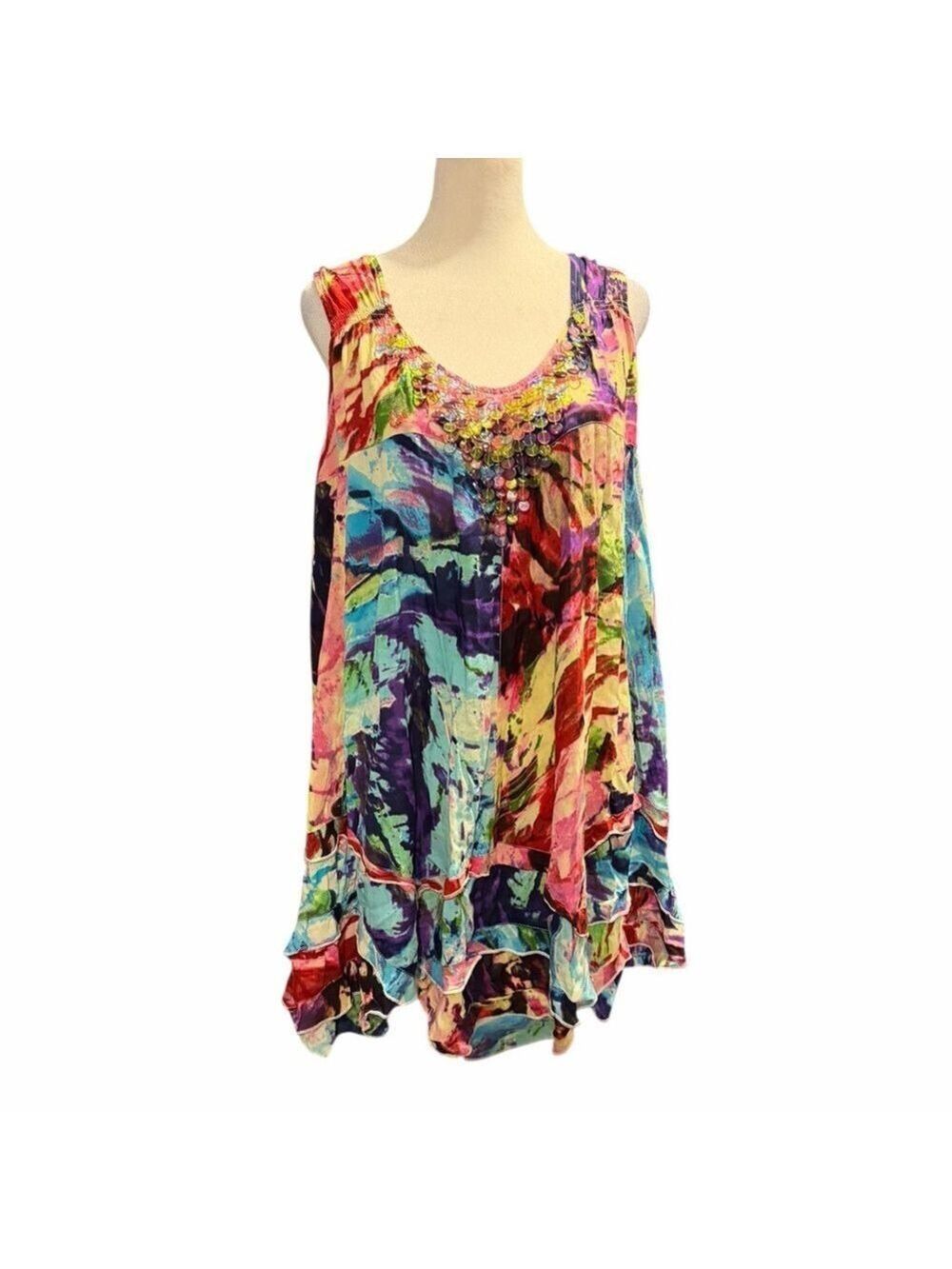 Denim 24/7 Multicolor Tie Dye Tunic Mini Dress Beaded Tiers Handkerchief Hem W18